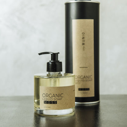 Moss organic liquid soap in glass bottle