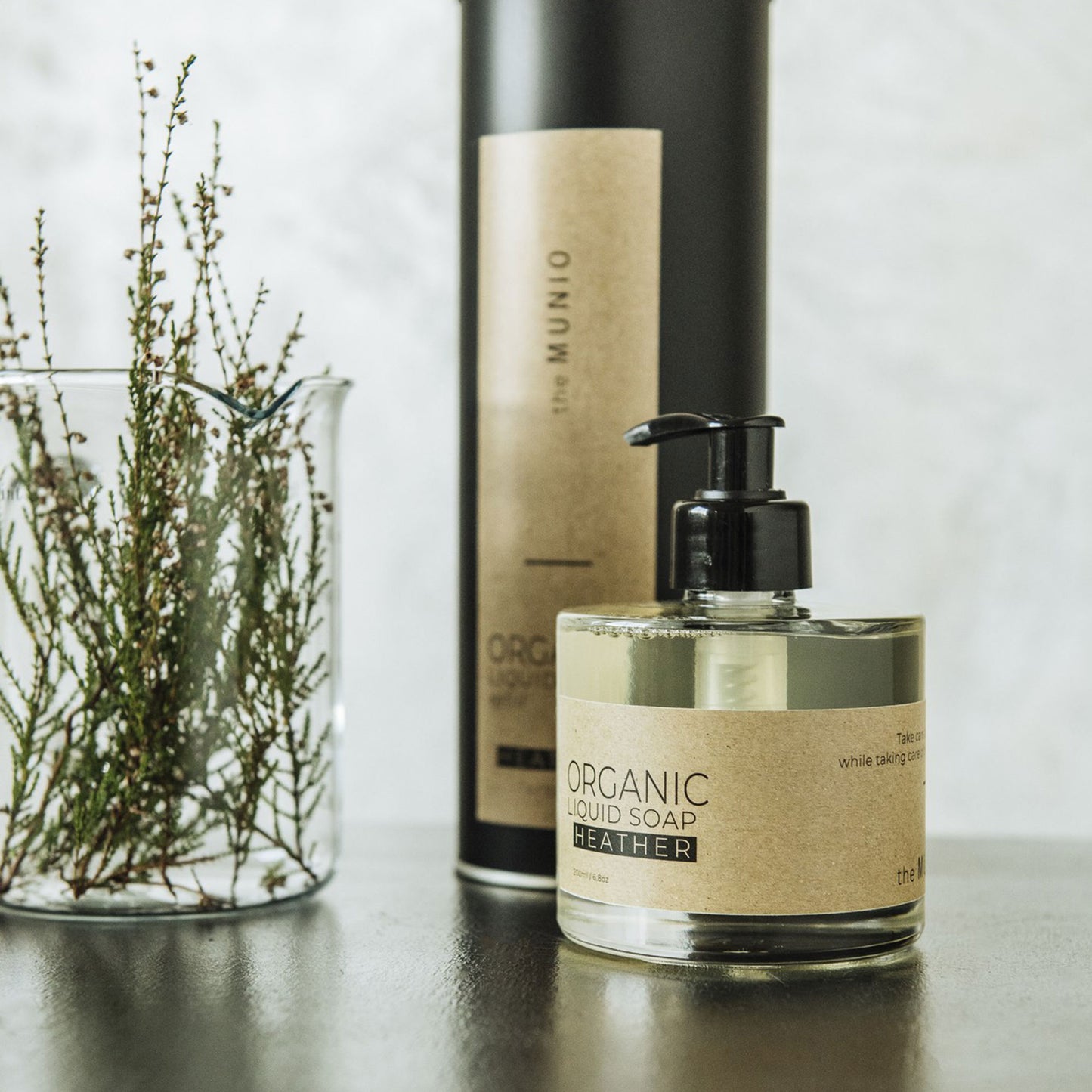 Heather organic liquid soap in glass bottle