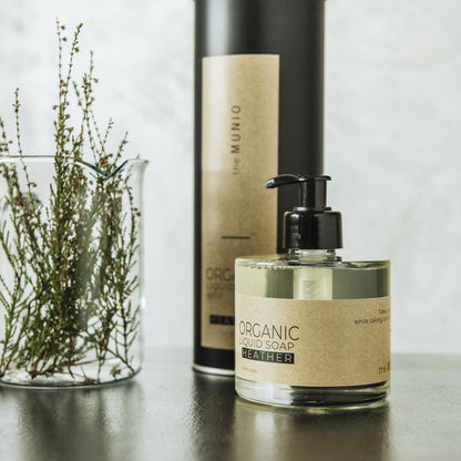 Heather organic liquid soap in glass bottle