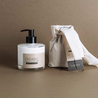 Lavender organic hand lotion in glass bottle