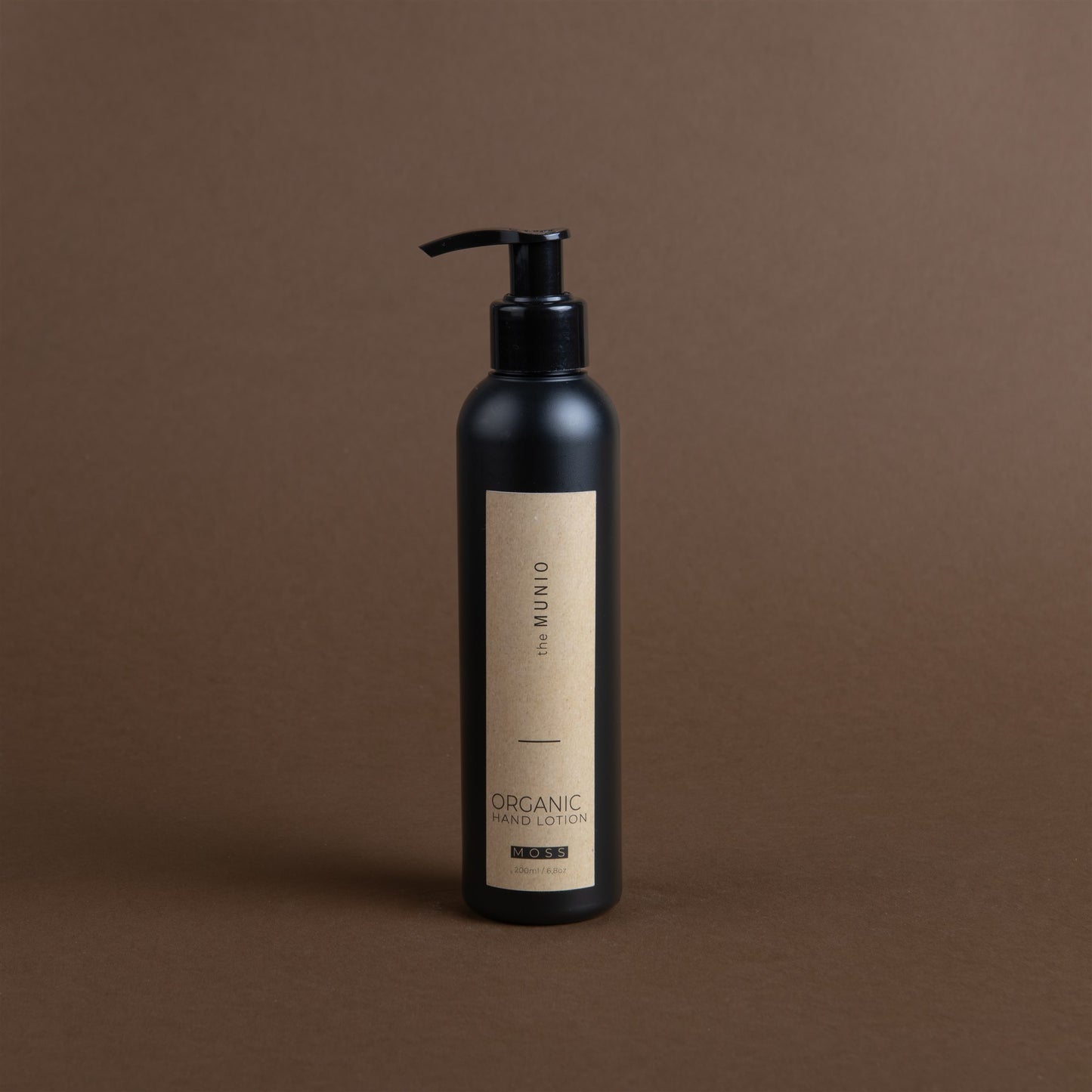 Moss organic hand lotion in 200ml black bottle