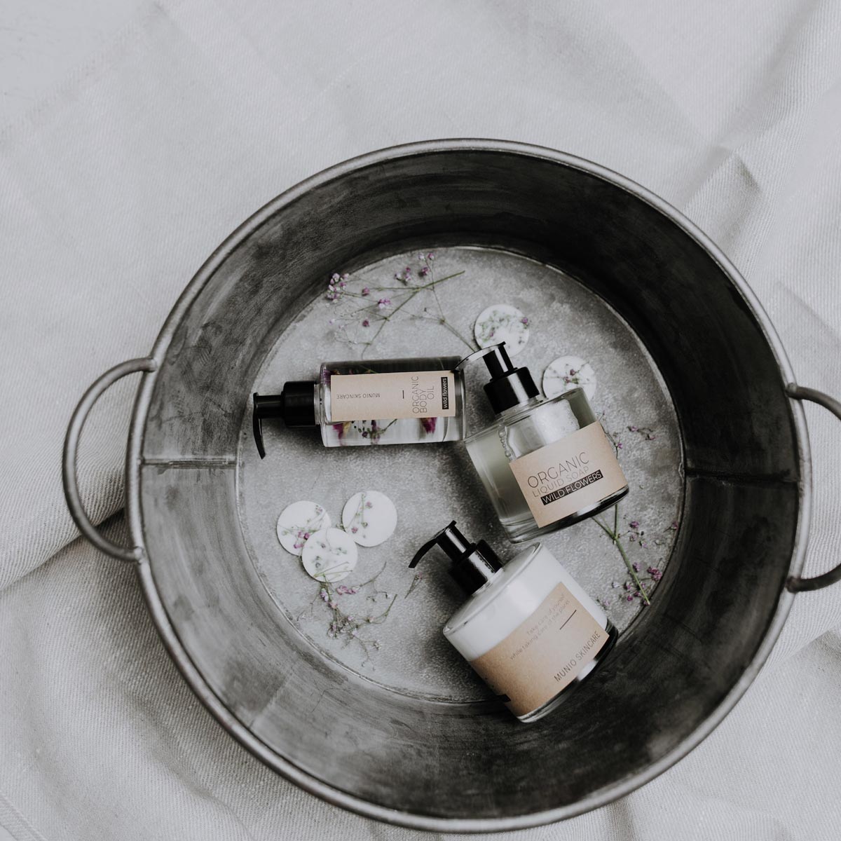 Wild flowers organic liquid soap in glass bottle