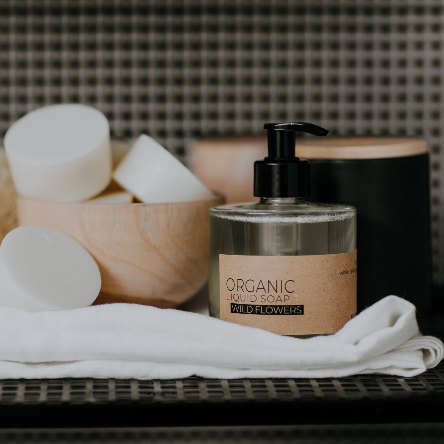 Wild flowers organic liquid soap in glass bottle