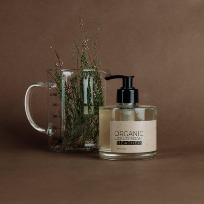 Heather organic liquid soap in glass bottle