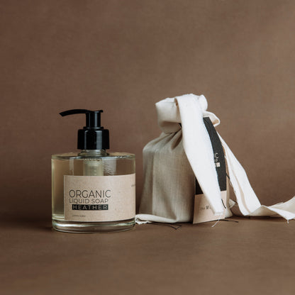 Heather organic liquid soap in glass bottle
