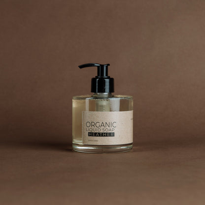 Heather organic liquid soap in glass bottle