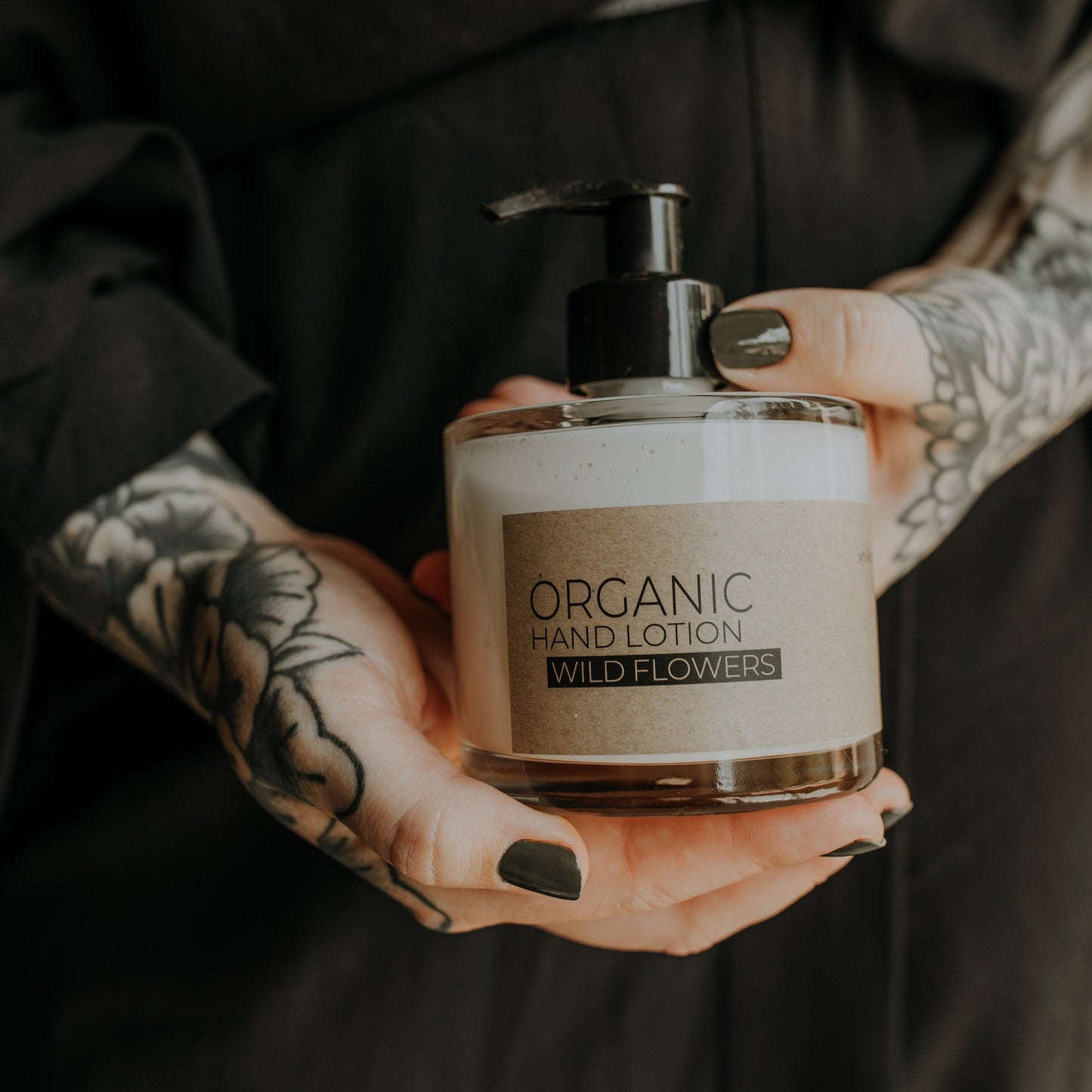 Wild flowers organic hand lotion in glass bottle