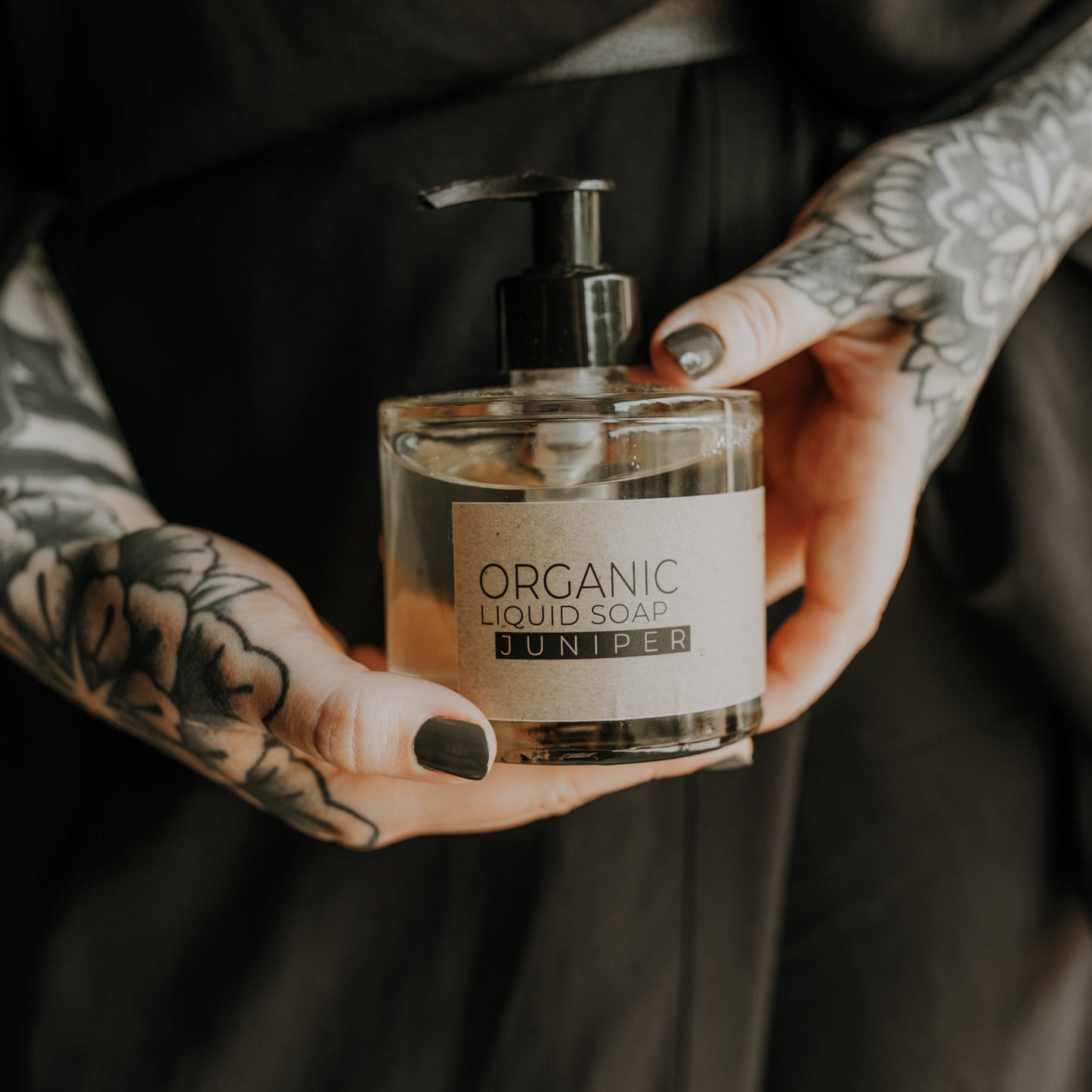 Juniper organic liquid soap in glass bottle